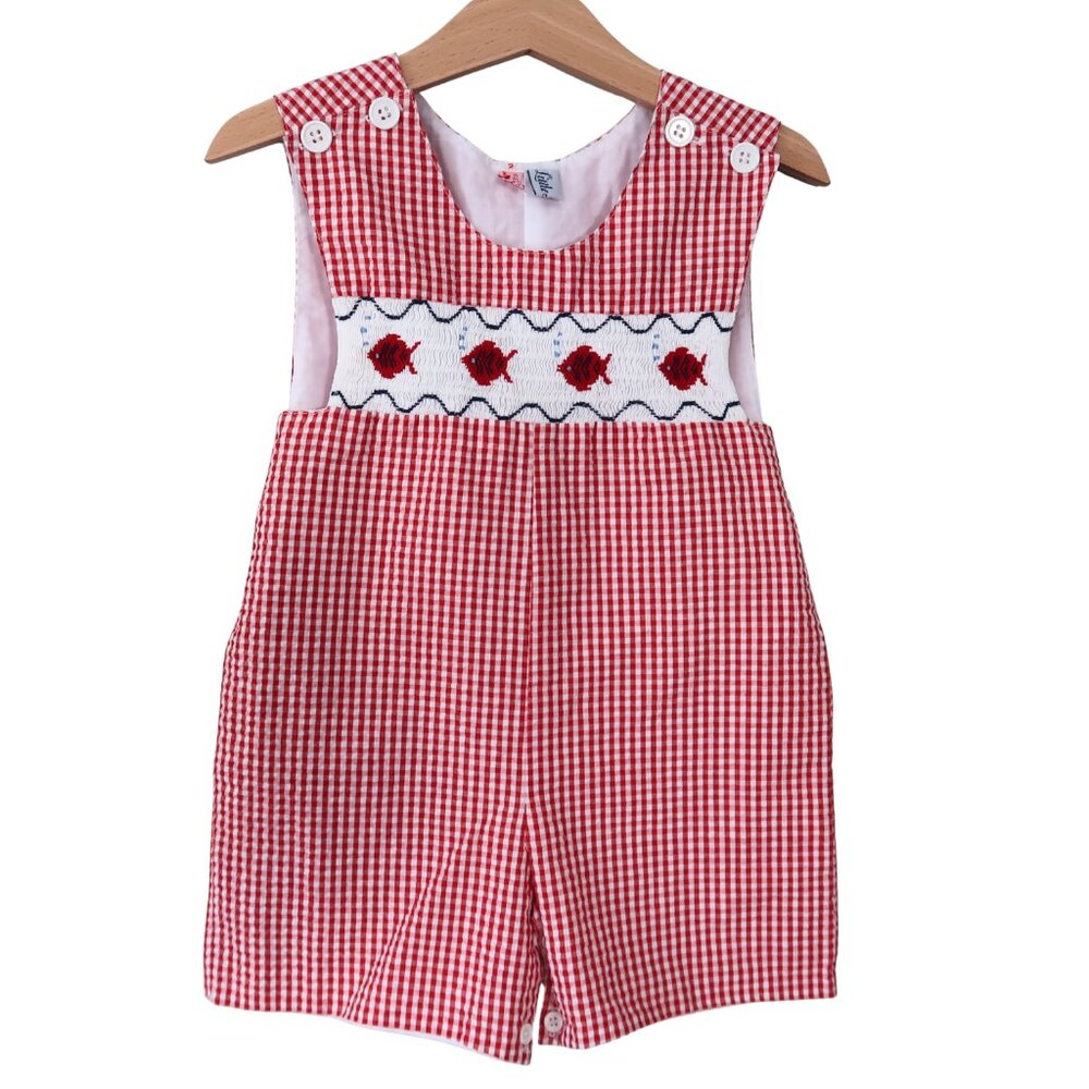Boys Smocked Red Gingham Shorts Romper Size 2T Fish EUC Heirloom Little Follies